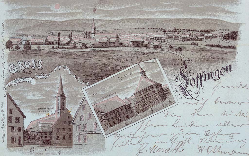Mondscheinkarte »Gruß aus Löffingen« mit drei Ansichten, ca. 1898