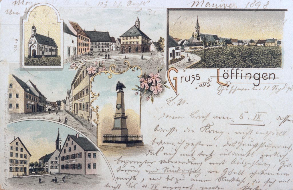 Mehrbildkarte »Gruß aus Löffingen« mit sechs Ansichten, 1898