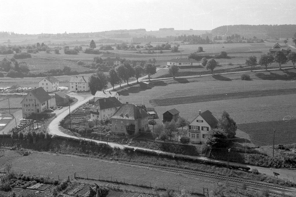 Blick vom Kirchturm in Richtung Reichberg, 1961